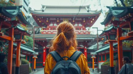 Young woman exploring busy streets of Tokyo on a breezy autumn day. Generative AI