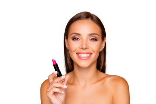 Good-looking lovely charming pretty lady with full fillers her naked shoulders look at camera she make white beaming smile isolated on pastel beige background