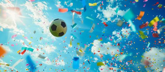 Soccer ball and colorful confetti explosion concept banner background