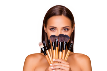 Close up portrait of brunette hair leisure lifestyle good-looking lovely pretty lady with her make up brushes naked shoulders she look at camera hide face isolated on pastel beige background