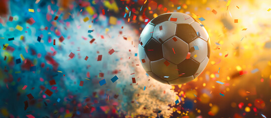 Soccer ball and colorful confetti explosion concept banner background