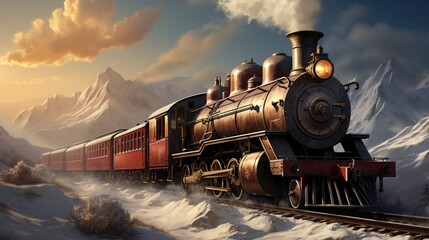 Naklejka premium A Steam Train Chugging Through a Snow Covered Forest