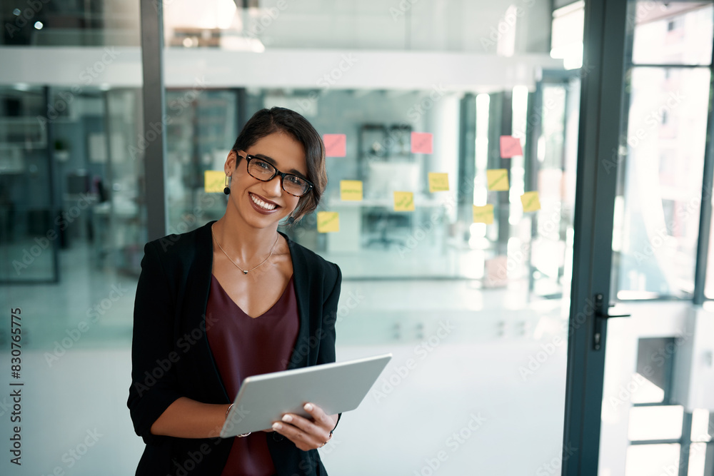 Poster happy, career woman and tablet in portrait for connection, communication or digital networking. fema