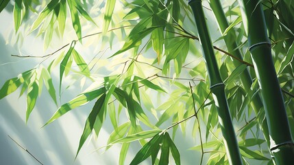 Vibrant image of bamboo leaves swaying in the wind, highlighted by sunlight, representing flexibility and strength.