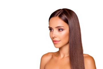 Half turn photo of dreamy leisure lifestyle sweet lovely pretty lady with her naked shoulders she stand calm isolated on pastel beige background with copy space for text look aside