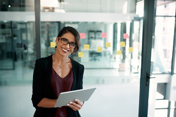 Happy, career woman and tablet in portrait for connection, communication or digital networking. Female person, tech and smile in corporate as web developer in company in workplace as professional