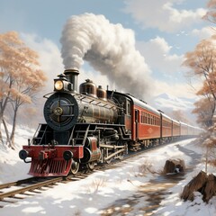 Fototapeta premium A Steam Train Chugging Through a Snow Covered Forest