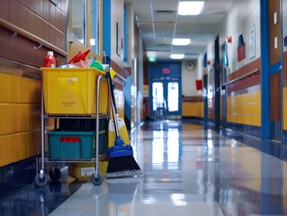 Janitorial cart with mop, bucket, and cleaning supplies, in a school hallway
