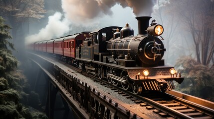 Naklejka premium A Steam Train Chugging Through a Snow Covered Forest