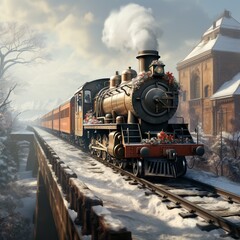 Fototapeta premium A Steam Train Chugging Through a Snow Covered Forest