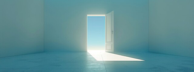 Doorway in the center of the frame opening up onto a vast white space, inviting the viewer.
