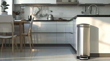 Trash can with a foot pedal, in a clean kitchen setting, high detail
