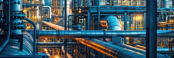 Close-up of an industrial factory background at night, featuring machinery, steel structures, and urban cityscape elements