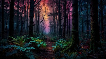 Obraz premium A psychedelic dreamscape where a colorful and dark forest morphs and twists, challenging perception and reality ai_generated