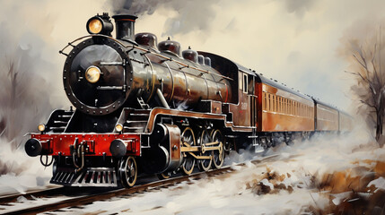 Naklejka premium A Steam Train Chugging Through a Snow Covered Forest