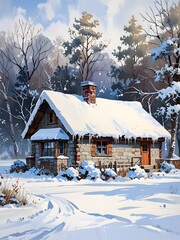 Winter Cottage House Nature Oil Painting Art