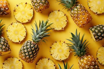 A close up of a yellow pineapple with a slice missing