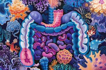 Intricate illustration of the human gut, showcasing probiotics and their role in wellness and health, detailed anatomy and biology, scientific and educational