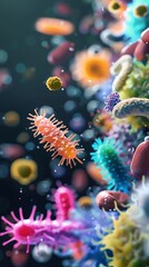 Stunning visual of probiotics interacting with gut flora, promoting health and wellness, highly detailed and scientifically accurate, vibrant and educational