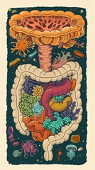 Illustrative diagram of the human gut, emphasizing the importance of probiotics for maintaining health and wellness, detailed and scientifically accurate