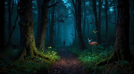 A whimsical yet eerie journey through a colorful and dark forest inhabited by mischievous creatures and hidden mysteries  ai_generated