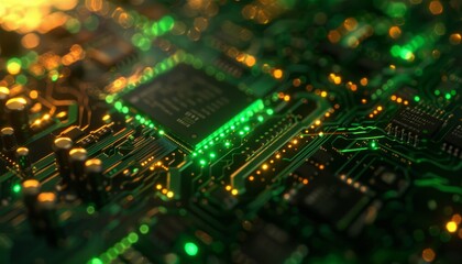 Obraz premium A close-up view of a green-lit circuit board and microchip, emphasizing the details and functionality in technology