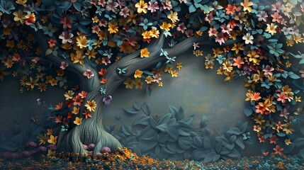 A mesmerizing 3D depiction of a tree with colorful flowers and lush leaves, forming an elegant and dynamic abstract wallpaper for mural painting wall art decor, captured in lifelike detail.