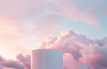 A white cylinder is placed in the center of an environment with pink clouds and sky, creating a dreamy atmosphere. Created with Ai
