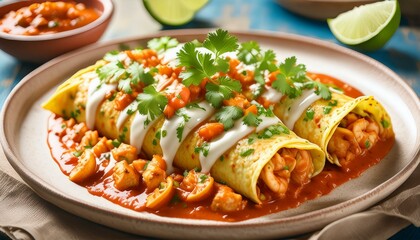 Plate of seafood enchiladas topped with a rich chipotle cream sauce and garnir