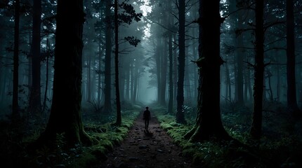 Fototapeta premium An atmospheric tale of a lost adventurer wandering through a vibrant yet foreboding forest where every shadow conceals unknown dangers ai_generated