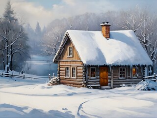 Winter Cottage House Nature Oil Painting Art