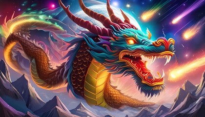 Colorful painting of a dragon with rainbow mane flying in the sky