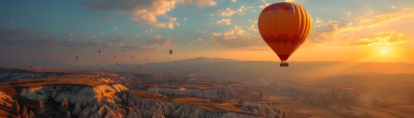 Obraz premium Majestic Hot Air Balloon Ride Over the Breathtaking Landscapes of Cappadocia at Sunset