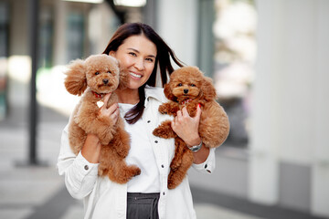 Cheerful woman with long dark hair holds two adorable brown dogs poodles, smiling, standing...