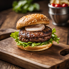 Food photography for a burger shop menu. National Geographic quality photography of a juicy  with a bun sitting on a wooden board, professional presentation and photography
