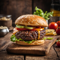Food photography for a burger shop menu. National Geographic quality photography of a juicy  with a bun sitting on a wooden board, professional presentation and photography