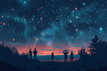 A group of people stargazing, with silhouettes against a vivid night sky filled with stars. Flat vector illustration.
