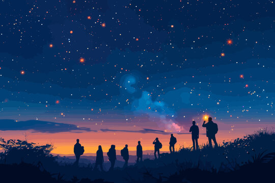 A group of people watching the stars at dusk, with a beautiful gradient sky transitioning to night. Flat vector illustration.