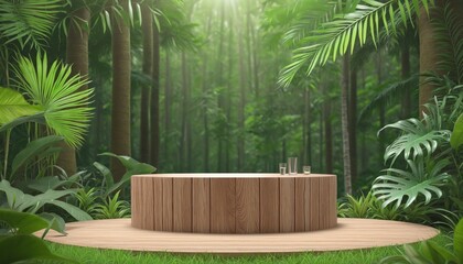 Fototapeta premium Wooden podium in tropical forest for product presentation withgreen background