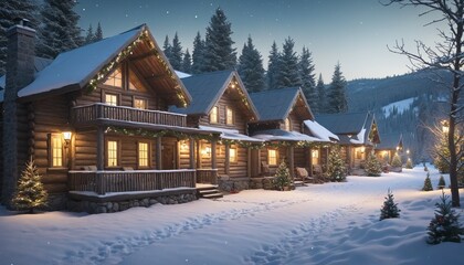 Illustration of an old wooden house village in the middle of the snow in the winter season with Christmas decorations