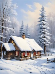 Winter Cottage House Nature Oil Painting Art