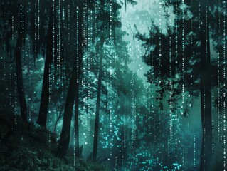 A dark and mysterious forest is described with binary code particles floating in the air.