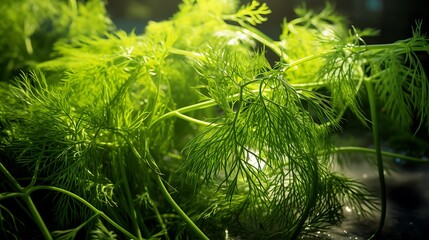 Close-up of the light green, feathery leaves of a dill plant, their delicate strands highlighted by the sun, symbolizing culinary art and flavor.