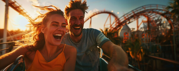 young couple having fun together on an amusement park rollercoaster ride, laughing and taking selfies.
