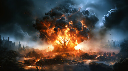 Big tree on fire against a backdrop of cityscape. Global warming and climate change, global ecology concept.