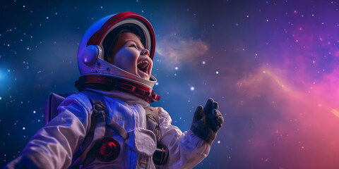 Cheerful child wearing astronaut suit in space. Kid in spacesuit watching meteorites and stars. Children dreams concept.