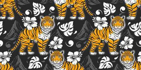 tiger hawaii seamless pattern background, artwork fashion for screen shirt fabric print, textile design, cartoon comic, animal character design, handdraw illustration.