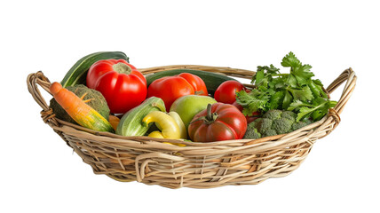 Basket with various fresh vegetables on transparent png background.
