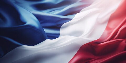 Flag of France waving in the breeze against a sunset sky. Banner with French flag.