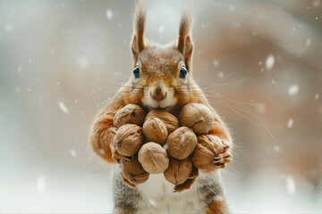 funny Squirrel holding a lot of nuts in its paws. animals cache food for the winter